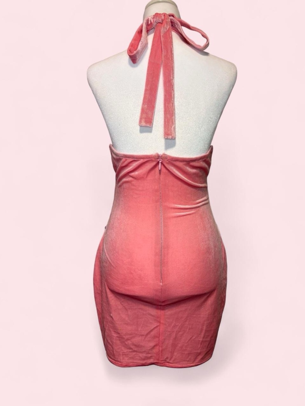 Bodycon Bedazzled Gem Sheer Pink Dress with Velvet Back - Picture 8 of 9